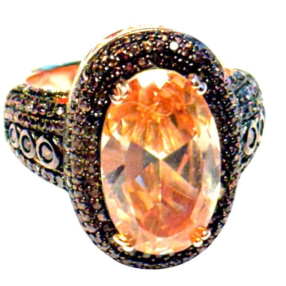 FZN Citrine Ring CN 925 SS/Rhodium Rose & Black Faceted Oval Stone & Pave Size 7